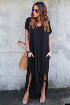 V-Neck Short Sleeve Pocket Side Slit Knotted Hem T-Shirt Maxi Dress