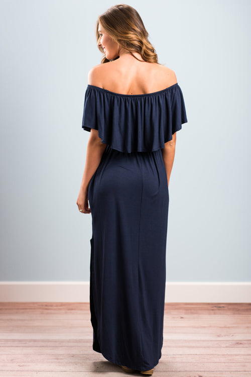 Off Shoulder Ruffle Flounce Smocked Waist Pocket Side Slit Maxi Dress