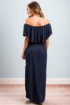 Off Shoulder Ruffle Flounce Smocked Waist Pocket Side Slit Maxi Dress