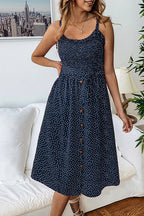 Polka Dot Smocked Bodice Button Front Tie Waist Midi Dress
