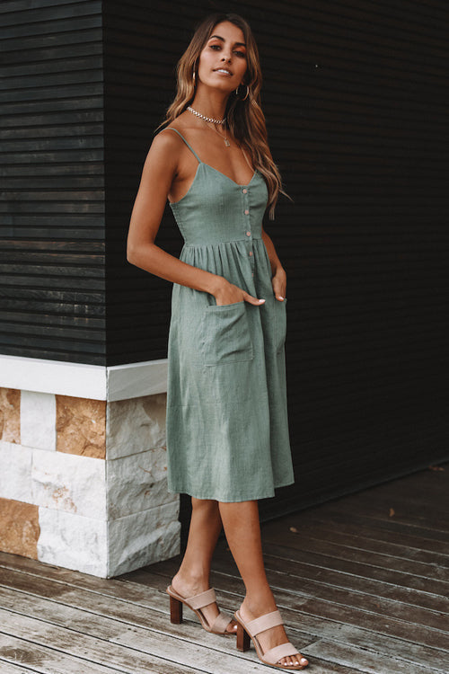 Textured Button Front Patch Pocket Spaghetti Strap Midi Dress