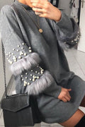 Mock Neck Pearl Embellished Faux Fur Trim Oversized Sweater Mini Dress
