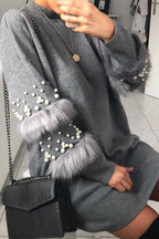 Mock Neck Pearl Embellished Faux Fur Trim Oversized Sweater Mini Dress