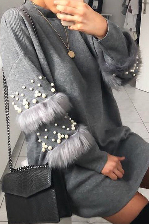 Mock Neck Pearl Embellished Faux Fur Trim Oversized Sweater Mini Dress