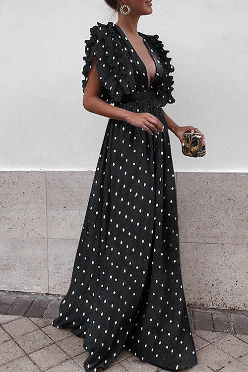 Deep V-Neck Tiered Ruffle Flutter Sleeve Gathered Maxi Gown