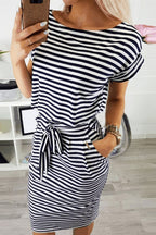 Boat Neck Short Sleeve Belted Bow Waist Pencil Midi Dress