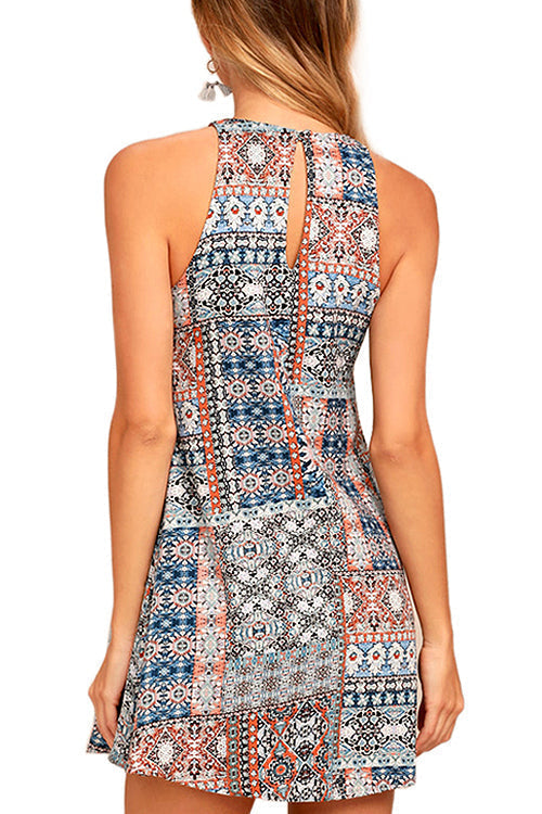 Boho Geometric Print Crew Neck Sleeveless A-Line Mini Dress