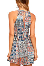Boho Geometric Print Crew Neck Sleeveless A-Line Mini Dress