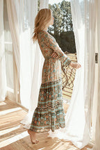 V Neck Button Front Tiered Boho Print High Slit Maxi Dress