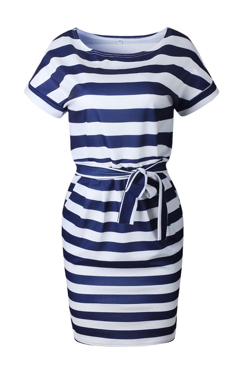 Boat Neck Short Sleeve Belted Bow Waist Pencil Midi Dress