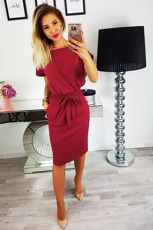 Boat Neck Short Sleeve Belted Bow Waist Pencil Midi Dress