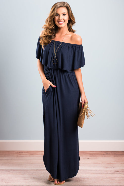 Off Shoulder Ruffle Flounce Smocked Waist Pocket Side Slit Maxi Dress