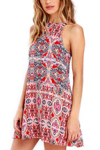 Boho Geometric Print Crew Neck Sleeveless A-Line Mini Dress