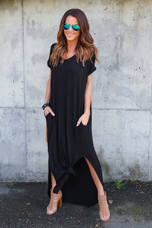 V-Neck Short Sleeve Pocket Side Slit Knotted Hem T-Shirt Maxi Dress