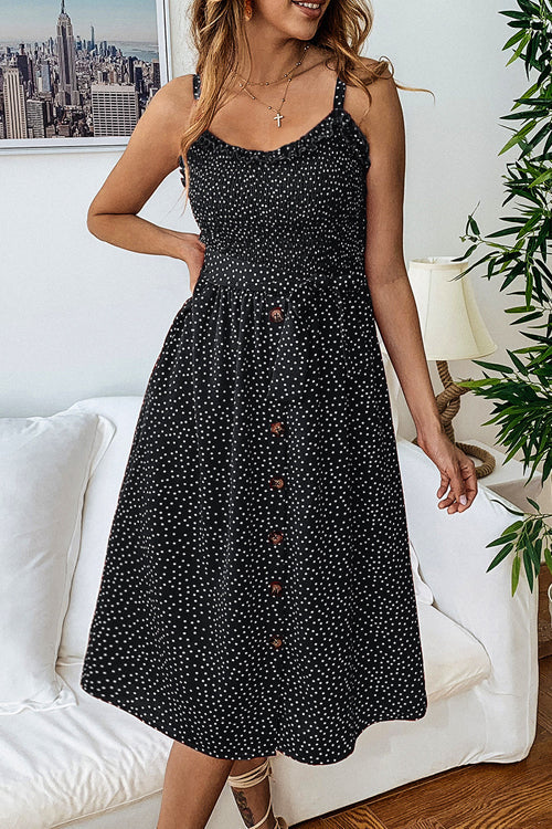 Polka Dot Smocked Bodice Button Front Tie Waist Midi Dress