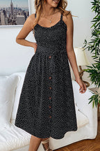 Polka Dot Smocked Bodice Button Front Tie Waist Midi Dress