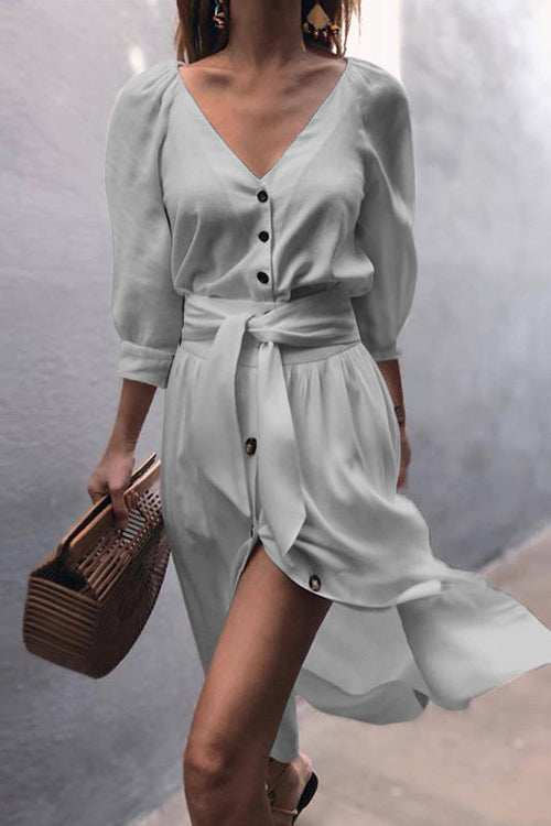 Puff Sleeve Button Front Tie Waist Front Slit Midi Skirt Set