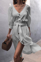 Puff Sleeve Button Front Tie Waist Front Slit Midi Skirt Set