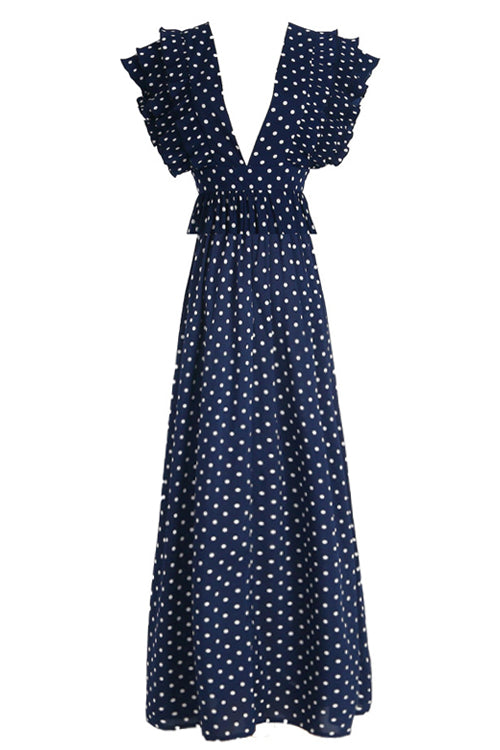 Deep V-Neck Tiered Ruffle Flutter Sleeve Gathered Maxi Gown