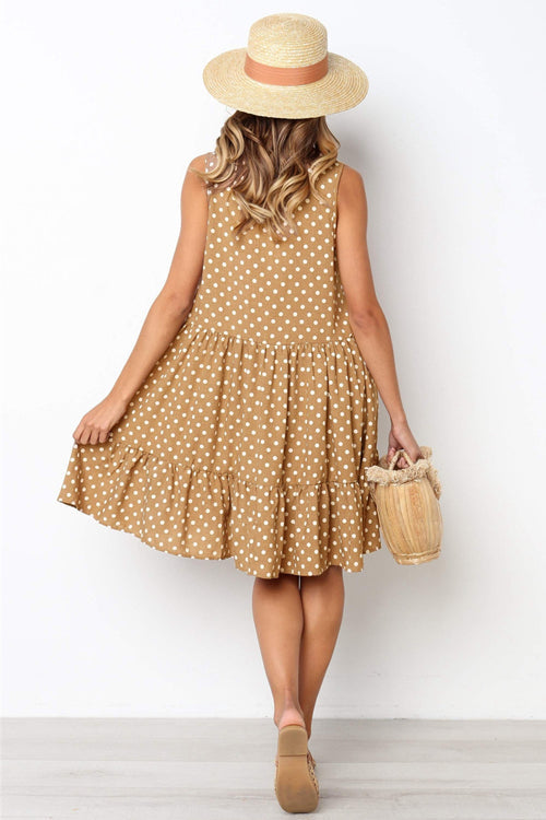 Polka Dot Crew Neck Sleeveless Ruffle Hem A-Line Mini Dress