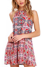 Boho Geometric Print Crew Neck Sleeveless A-Line Mini Dress