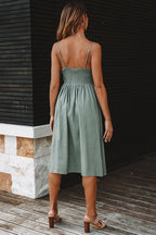 Textured Button Front Patch Pocket Spaghetti Strap Midi Dress
