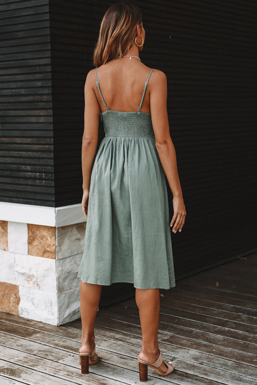 Textured Button Front Patch Pocket Spaghetti Strap Midi Dress