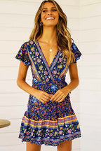 Boho Print Flutter Sleeve Wrap Tie Waist Mini Dress
