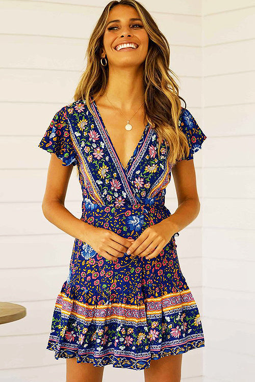 Boho Print Flutter Sleeve Wrap Tie Waist Mini Dress