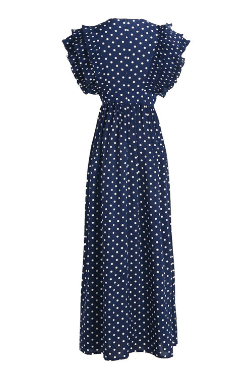 Deep V-Neck Tiered Ruffle Flutter Sleeve Gathered Maxi Gown