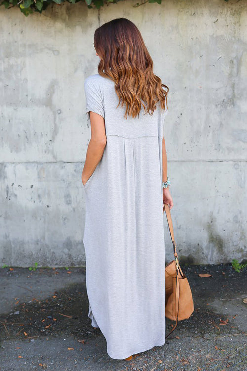 V-Neck Short Sleeve Pocket Side Slit Knotted Hem T-Shirt Maxi Dress