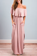 Off Shoulder Ruffle Flounce Smocked Waist Pocket Side Slit Maxi Dress