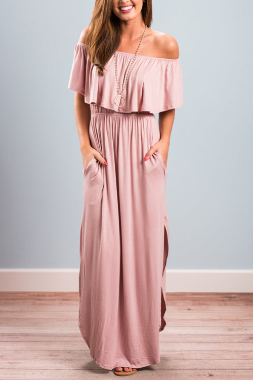 Off Shoulder Ruffle Flounce Smocked Waist Pocket Side Slit Maxi Dress