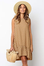 Polka Dot Crew Neck Sleeveless Ruffle Hem A-Line Mini Dress