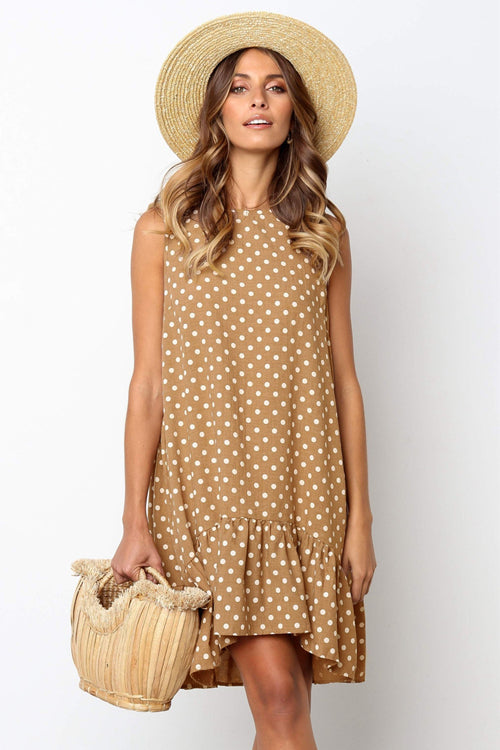 Polka Dot Crew Neck Sleeveless Ruffle Hem A-Line Mini Dress