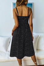 Polka Dot Smocked Bodice Button Front Tie Waist Midi Dress