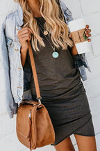 Ruched Crew Neck Puff Sleeve Tulip Hem Bodycon Mini Dress