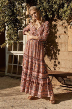 V Neck Button Front Tiered Boho Print High Slit Maxi Dress