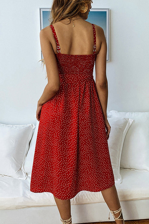Polka Dot Smocked Bodice Button Front Tie Waist Midi Dress