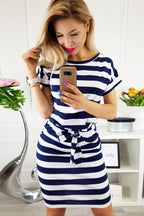 Boat Neck Short Sleeve Belted Bow Waist Pencil Midi Dress