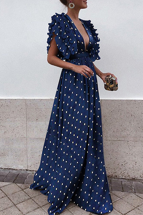 Deep V-Neck Tiered Ruffle Flutter Sleeve Gathered Maxi Gown