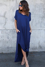 V-Neck Short Sleeve Pocket Side Slit Knotted Hem T-Shirt Maxi Dress