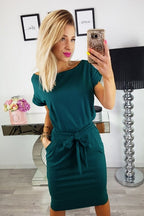 Boat Neck Short Sleeve Belted Bow Waist Pencil Midi Dress