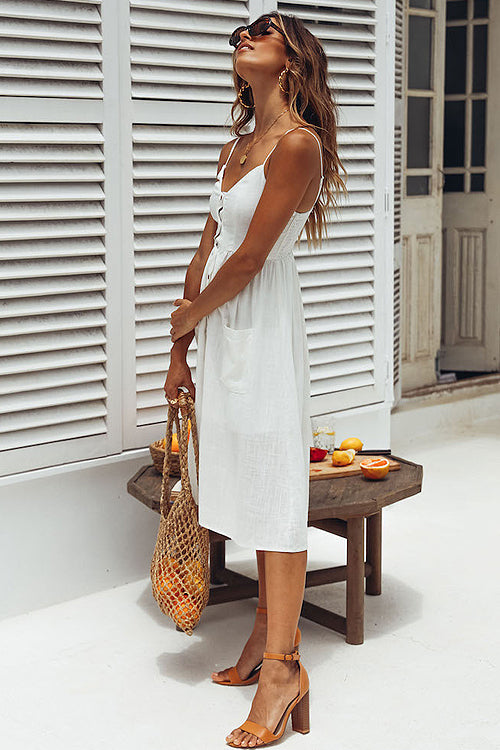 Textured Button Front Patch Pocket Spaghetti Strap Midi Dress