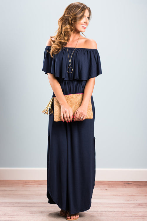 Off Shoulder Ruffle Flounce Smocked Waist Pocket Side Slit Maxi Dress