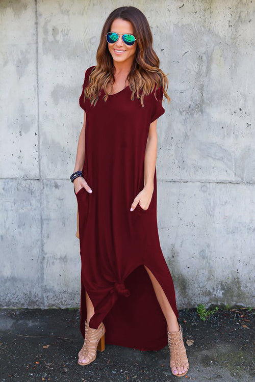 V-Neck Short Sleeve Pocket Side Slit Knotted Hem T-Shirt Maxi Dress