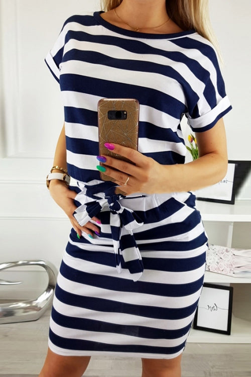 Boat Neck Short Sleeve Belted Bow Waist Pencil Midi Dress