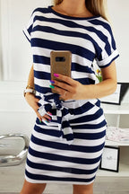 Boat Neck Short Sleeve Belted Bow Waist Pencil Midi Dress