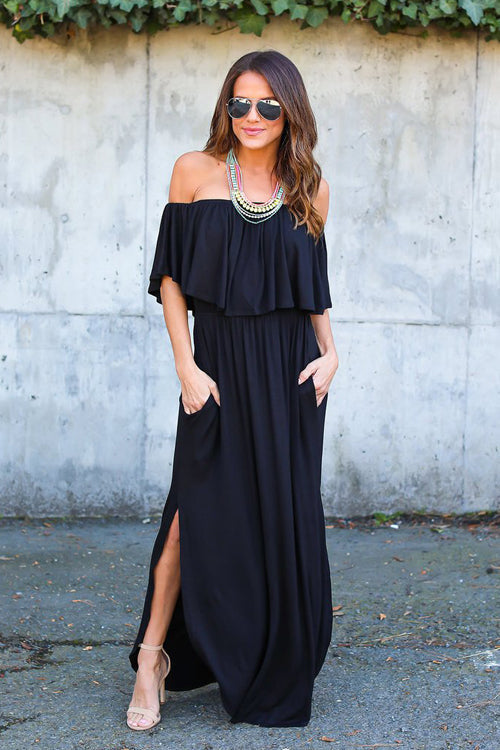 Off Shoulder Ruffle Flounce Smocked Waist Pocket Side Slit Maxi Dress