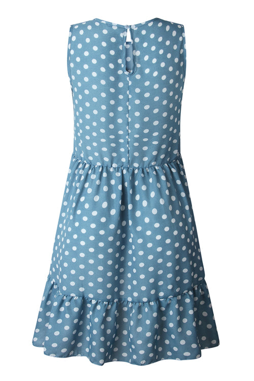 Polka Dot Crew Neck Sleeveless Ruffle Hem A-Line Mini Dress